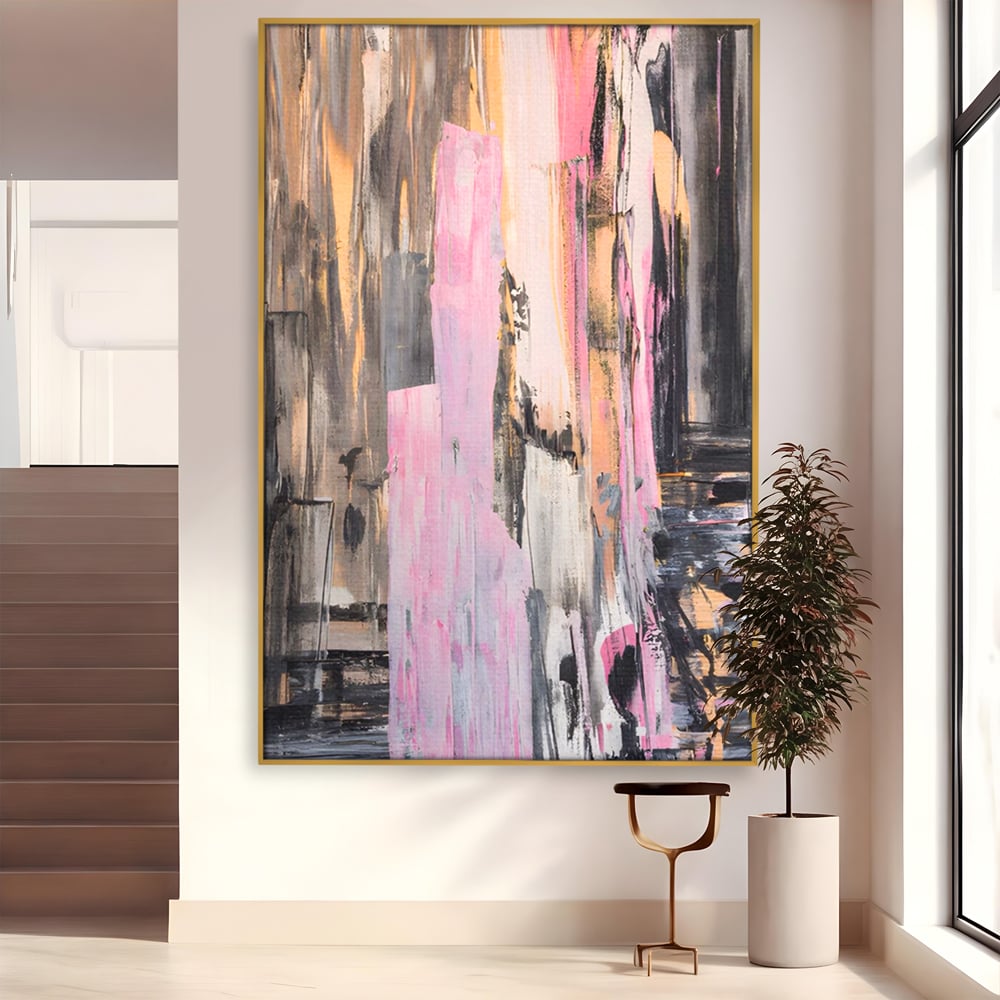 Tablou canvas cu pictura abstracta cu dungi roz, in rama de aluminiu auriu
